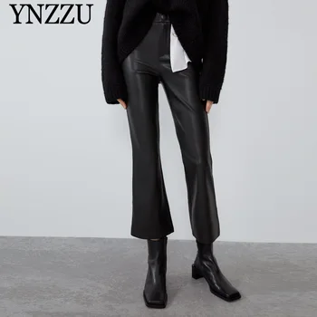 

2019 Winter Women Faux leather pants High waist Black flared leggings with elastic Elegant Fashion Female trousers YNZZU YB385
