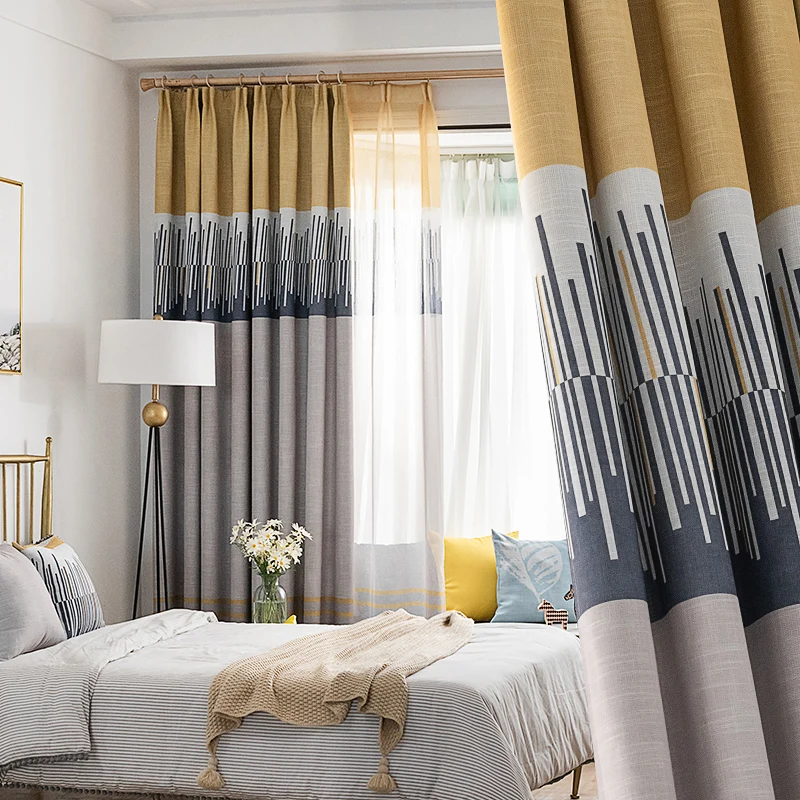 

Blackout Curtains Northern European-Style Modern Finished Bedrooms Living Room Shading Color Panel Printed Wear Curtain
