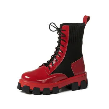 

Genuine Leather Thick high Heels boots woman Elegant Platform Cross Tied Women's Ankle Boots Winter Party Casual Shoe Woman