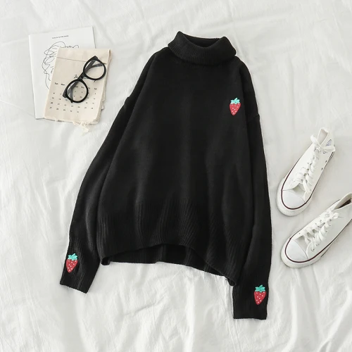 Neploe Women Sweaters New Knitted Turtleneck Strawberry Embroidery Casual Loose Autumn Winter Pullover Jumpers 56197 - Цвет: black