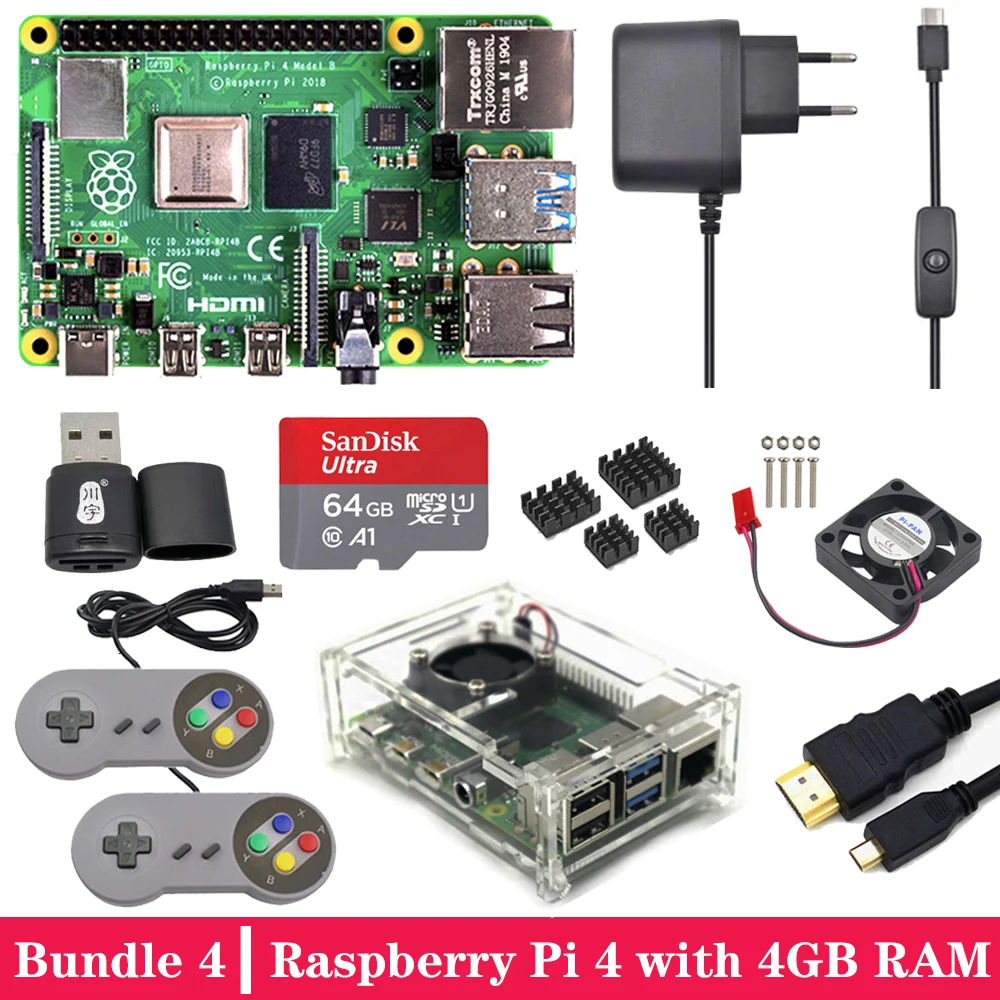 Raspberry Pi 4 с 2 ГБ 4 ГБ ОЗУ игровой комплект с USB геймпадом акриловый чехол SD карта блок питания для Raspberry Pi 4 Модель B