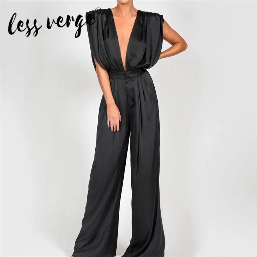 

Lessverge Women Jumpsuit Solid Color Chiffon Silk Luxury Style Deep V-neck Sleeve Top Full-Length Casual OL Jumpsuit