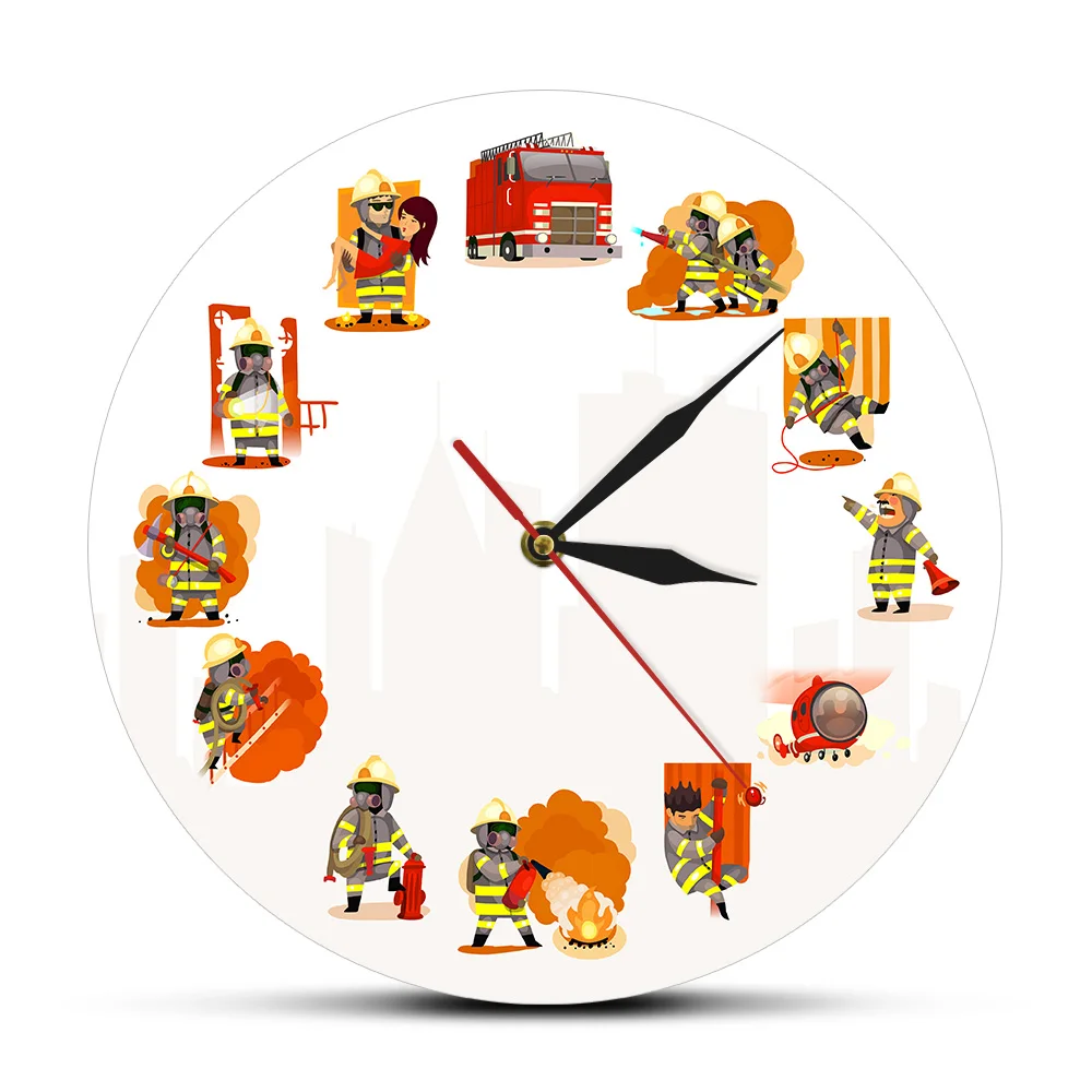 Мультяшные настенные художественные часы пожарный и спасательный пожарный отдел декор настенные часы комический стиль пожарная команда акриловые часы