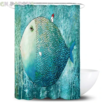 

Cartoon fish blue Bath Curtains Waterproof Polyester Fabric cute kid‘s’ cute Shower Curtains Screen with Hooks Accessories