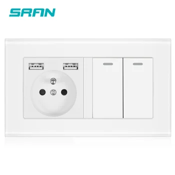 

SRAN socket with rocker switch，wall france power socket with usb 146*86 crystal glass panel with light switch 2 gang 1/2/3 way