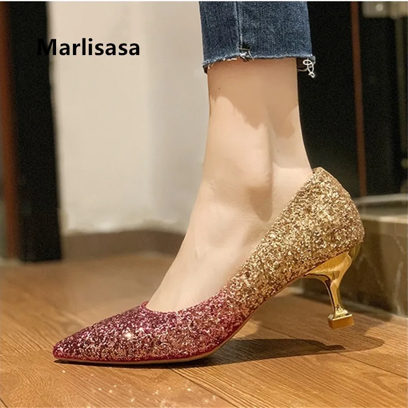 

Женские свадебные туфли Marlisasa, золотистые туфли без застежки на высоком каблуке, Серебристые свадебные туфли для невесты, F9083
