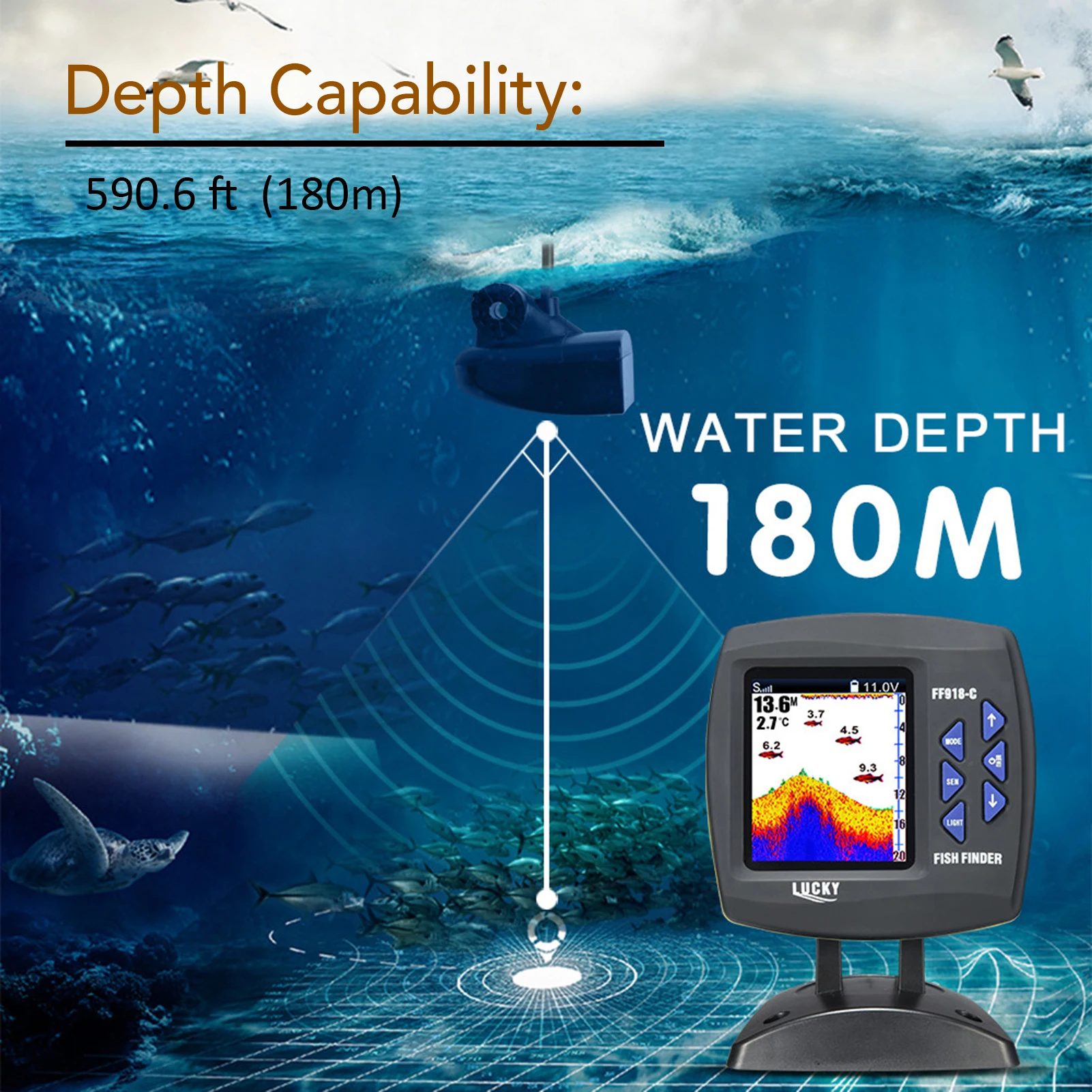 LUCKY Wired Fishing finder 180m / 590ft Depth Sounder Fish Detector F918-C180S Monitor LCD Locator Boat Fishfinder from a boat with fish finder