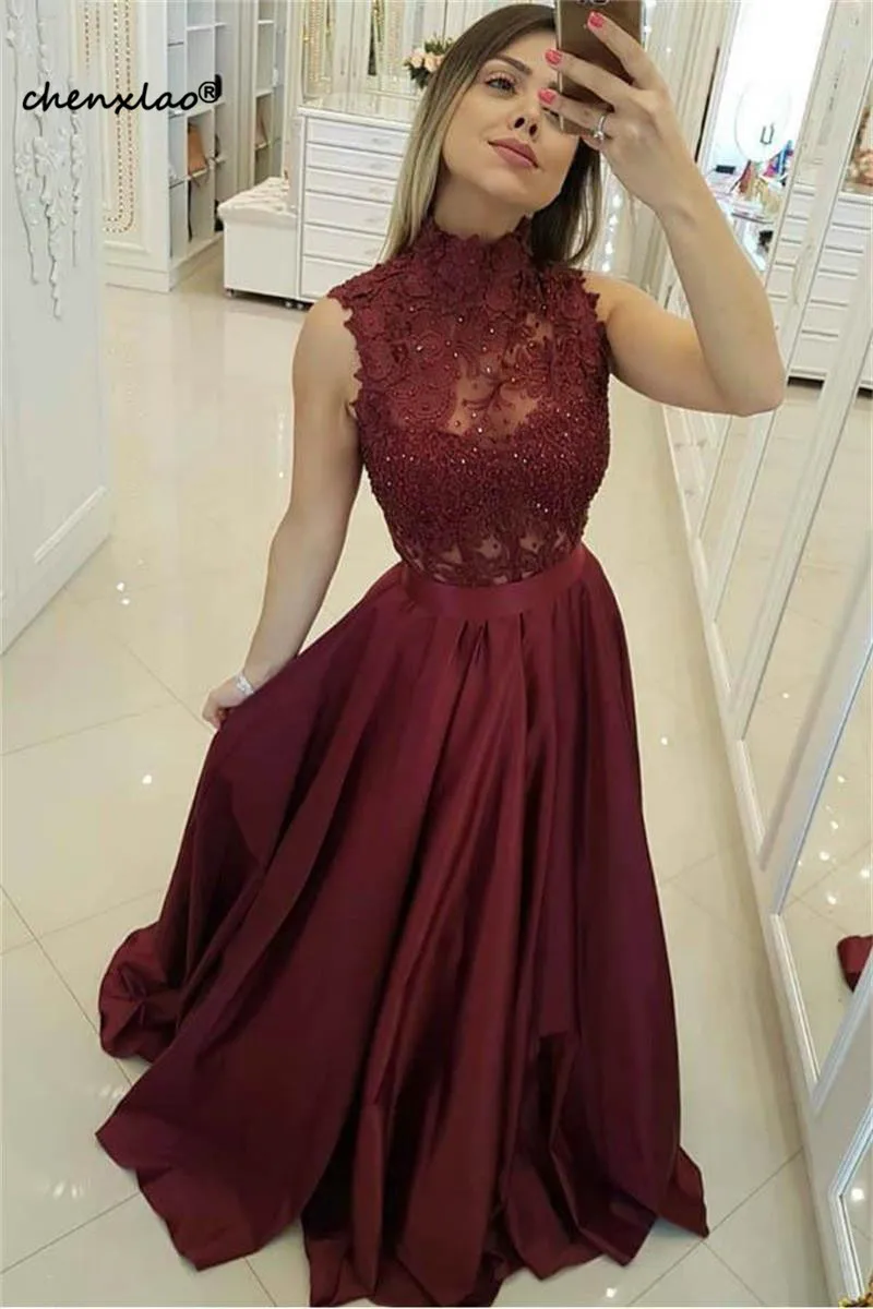 Charming High Neck Burgundy Evening Dresses Lace Satin Illusion Formal Party Gowns Appliques Sequined vestidos de festa