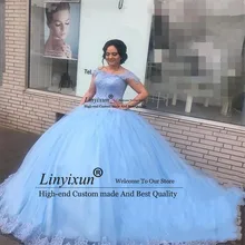 Светло-голубое кружевное милое 16 пышных Платьев Бальное Платье с открытыми плечами, расшитое бисером Пышное Тюлевое маскарадное платье 15 anos на день рождения