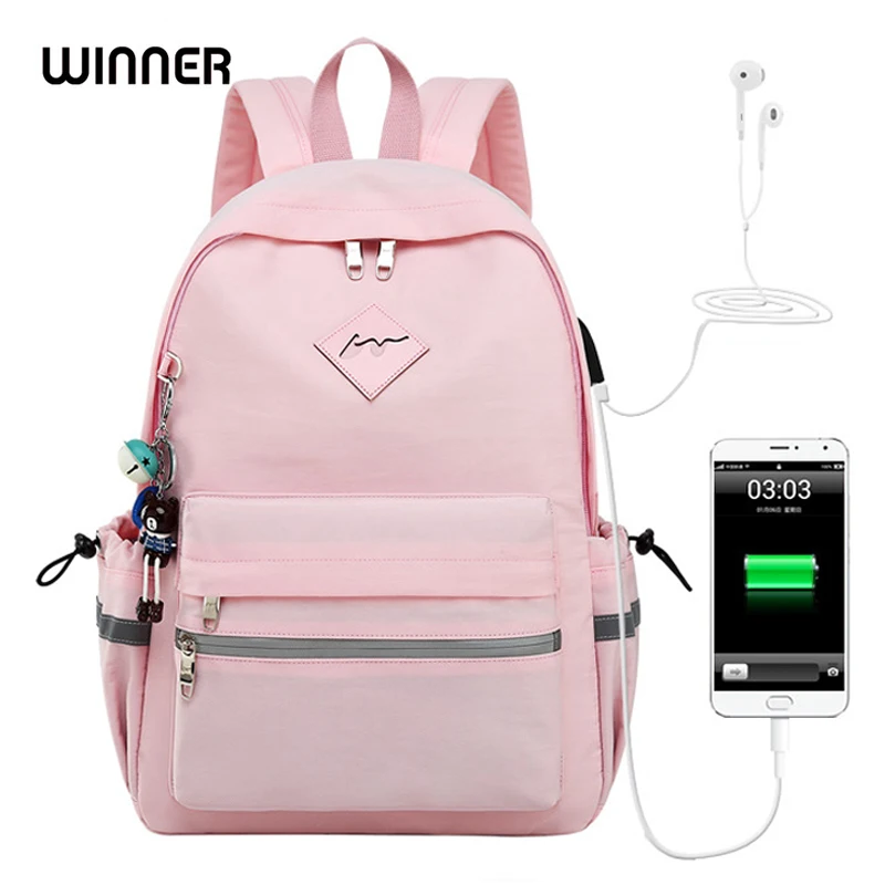 Рюкзак-Антивор для девочек WINNER 2018 с USB-зарядкой и подвеской в виде мультяшных