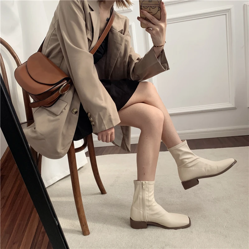 Fashion Women's PU Leather Ankle Boots Square Toe Low Heels Knight Shoes Black Apricot Coffee J72