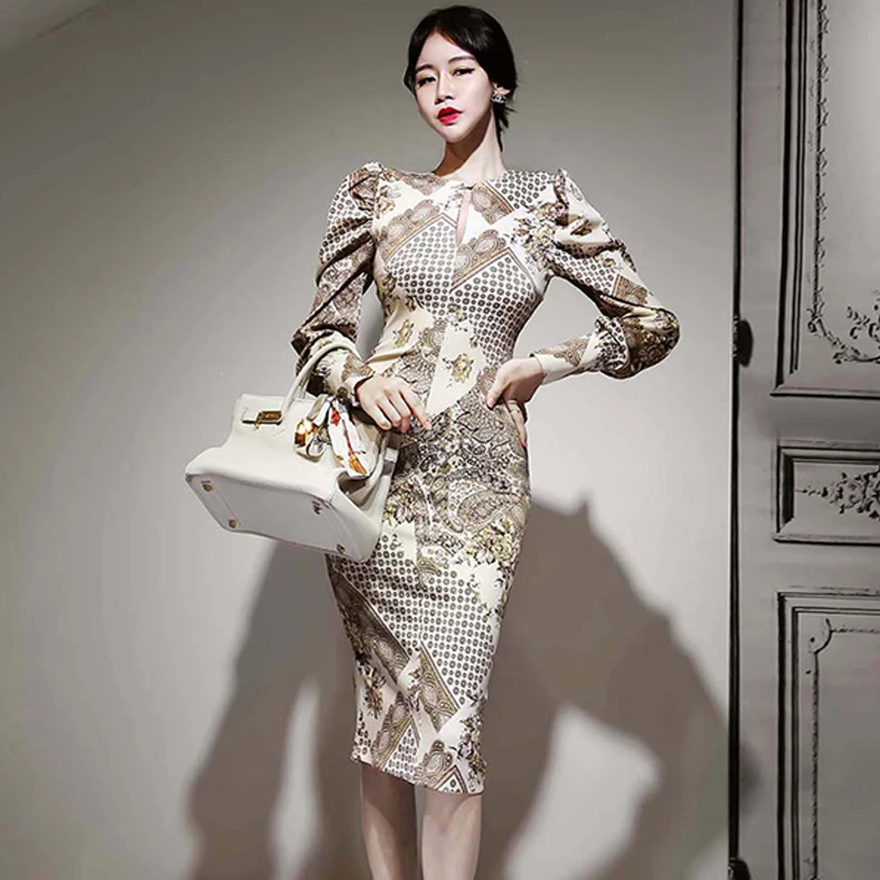 Photo Color H Han queen, винтажное платье-карандаш с принтом, для женщин,, зимнее, с круглым вырезом, с вырезом, с пышными рукавами, платье, OL, облегающее, облегающее, Vestidos - Цвет: Photo Color
