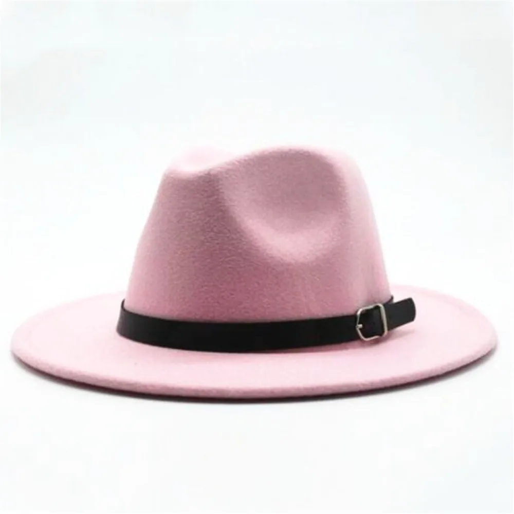 Pink Женская мужская фетровая шляпа с кожаным поясом вечерние шляпы для леди Панама шляпа Повседневная дикая шляпа размер 56-58 см - Цвет: Pink