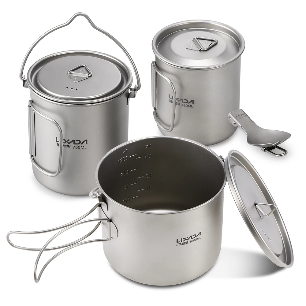  Lixada 1600ml Titanium Pot Ultralight Portable Hanging Pot with Lid and Foldable Handle Outdoor Cam