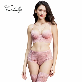 

Varsbaby sexy lace deep V unlined hollow breathable bra and panty set bra+panties+stockings 3 pcs