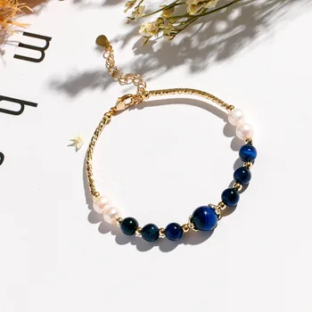

Natural Blue Tiger's Eye Crystal Bracelet Cool Korean-style Women's Pearl Bracelets Lucky for a Girlfriend Best Friend Birthday