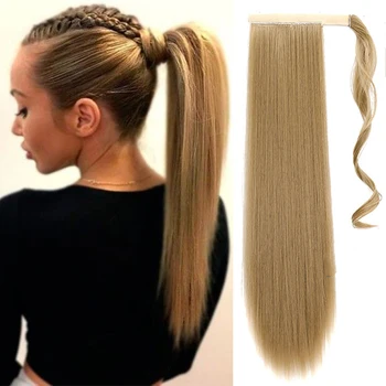 

TALANG24 Inch Long Straight Hair Heat Resistant Synthetic Wavy Hair Ponytail Clip & Velcro Black Brown Synthetic Hair