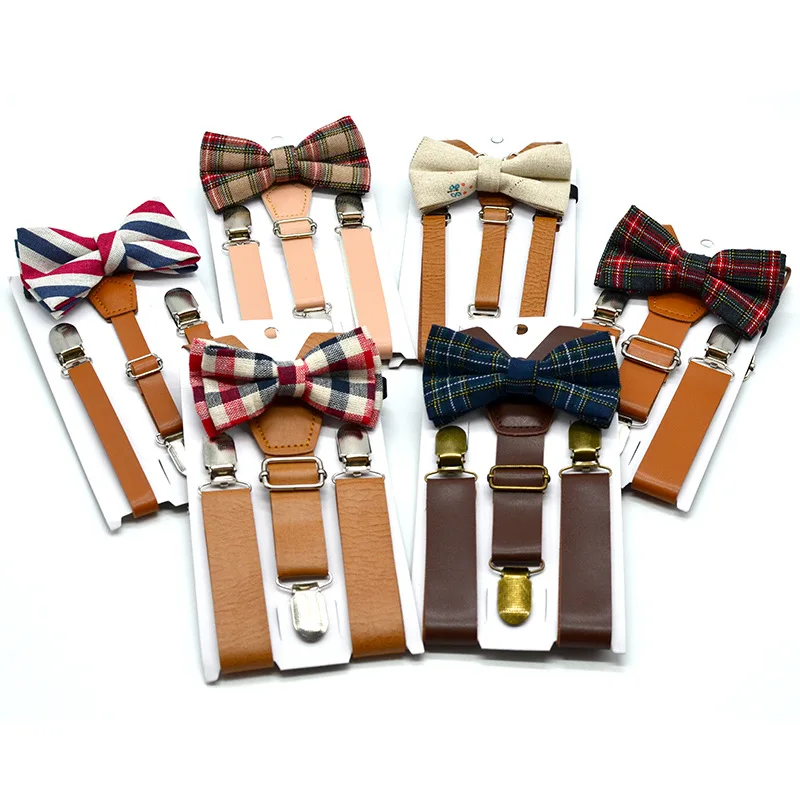 Children Bow-knot British Retro Style PU Leather Suspenders Clips Baby Kids Bow Tie Set Boys Adjustable Wedding Ties Accessories