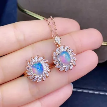 

Natural Opal Gemstone Ellips Earrings Ring and Necklace 2 piece Siut for Women Real 925 Sterling Silver Fine Jewelry Set