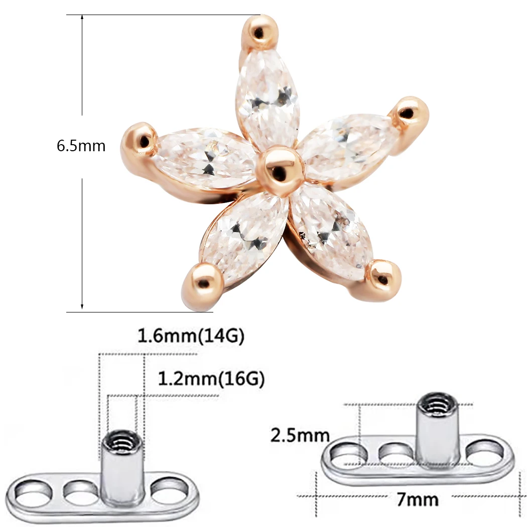 Муси пирсинг кожи G23 титана цветок CZ Ювелирные изделия для тела