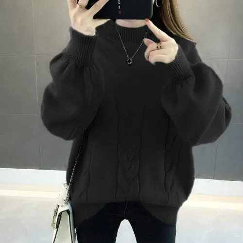 black Neploe кашемировый свитер женский Осень Зима толстый теплый вязаный полуводолазка пуловеры с пышными рукавами Джемпер Pull Femme 54565 - Цвет: black