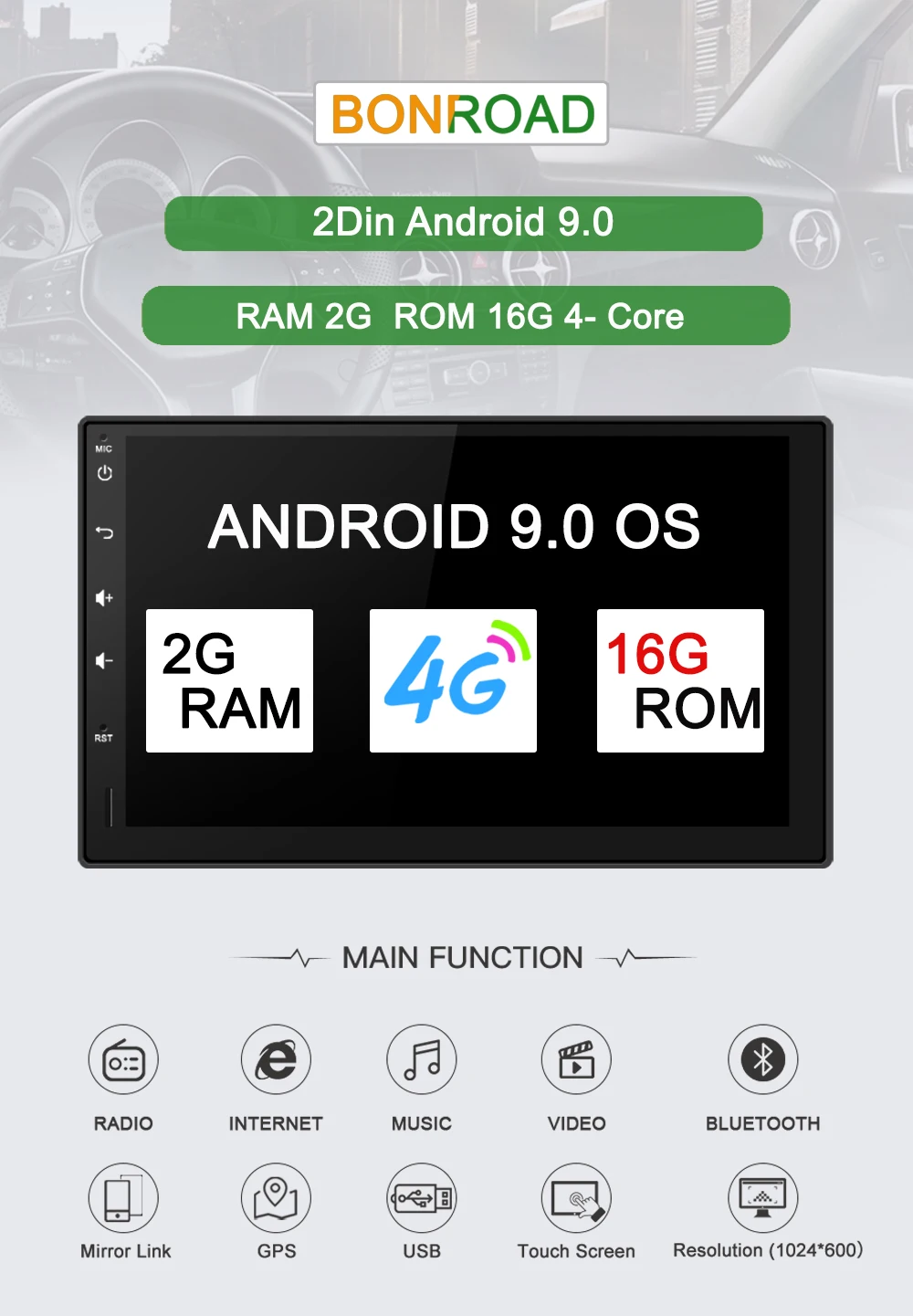 Excellent Bonroad 2 Din Android 9.0 GO Car Radio Player Multimedia Video Player GPS Navigation Audio Player For Nissan Toyota Hyundai 0