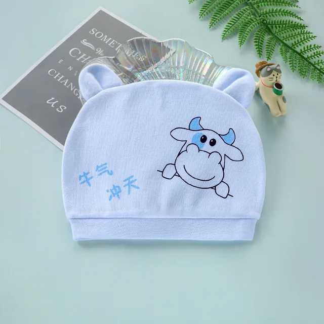 Four Seasons Kids Newborn Baby Hats 100% Cotton Cap 40 Color Cartoon Cute Printed Hat Suitable for 0-12 Months Baby Accessories Bullish  blue