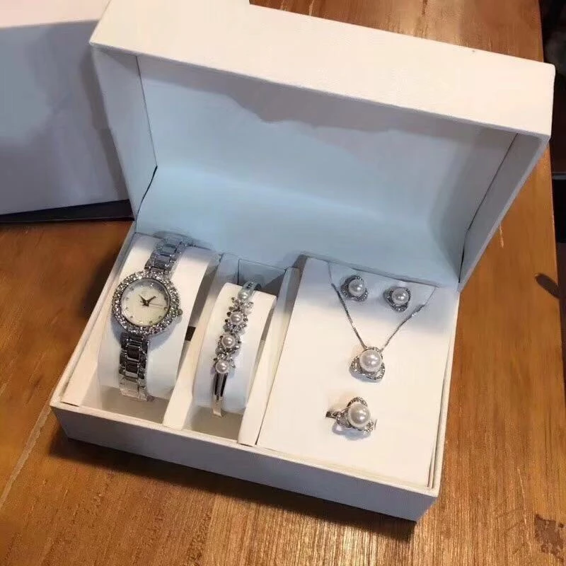 Женские кварцевые часы, набор, Роскошные, 5 шт., жемчужный браслет, ожерелье, кольцо, серьги, подарок на день рождения, женские часы, reloj