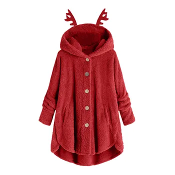 

Women Antler Plush Button Coat Solid Tops Hooded Lady Long Sleeve Pullover Loose Hooded Sweatshirt Pockets Oversize Coat NEW