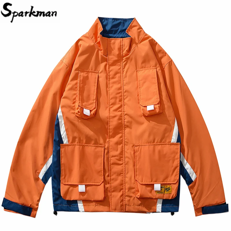 

Men Hip Hop Jacket Streetwear 2019 Mult Pockets Zipper Up Jacket Windbreaker Harajuku Retro Orange Color Block Track Jacket Coat