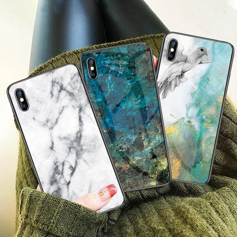 Стеклянный чехол с мраморным рисунком для iPhone 11 Pro X XR XS MAX роскошный из