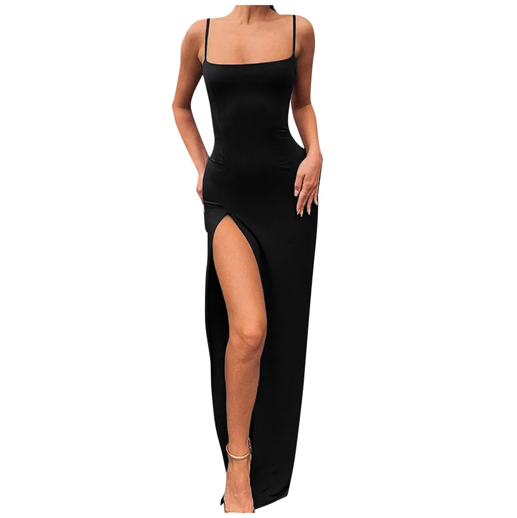 2019 New Summer Women Long Maxi Tight Dress Off Shoulder Sleeveless Spaghetti Strap Solid Color Bodycon Long Dress#J30