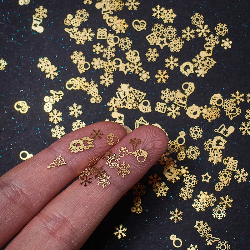 1 коробка Рождественские Блестки для нейл Арта(искусство украшения ногтей) 3D дизайн ногтей Блеск Гель голографические лазерные Снежинки золотые металлические ломтики Маникюр украшения