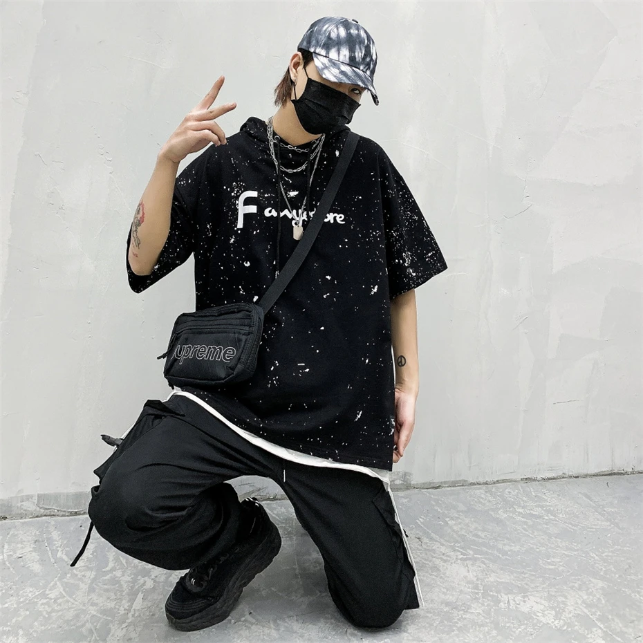 Harajuku футболка с капюшоном и буквенным принтом для мужчин и женщин, футболка с коротким рукавом, толстовка в стиле хип-хоп, уличная одежда, футболки, топы черного цвета, WG727