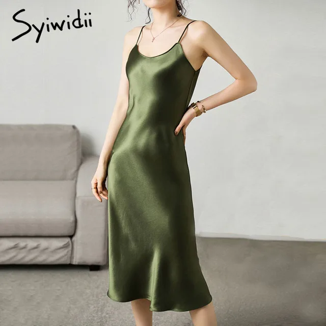 Syiwidii Woman Dress Satin Vintage Spaghetti Strap Evening Party Black Sundress Long Wedding Pure Silk Dress Green 2021 Summer 1
