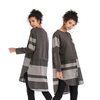 

2020 Autumn Long Sleeve Gray Ozhouzhan Joint Pullover Mid-length Base Solid Color Crew Neck Loose Tops Women