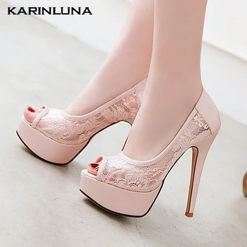 

Karinluna New Dropship Plus Size 43 Fetish High Heels Women Shoes Woman Summer Peep Toe Sexy Party Platform Lace Pumps Female