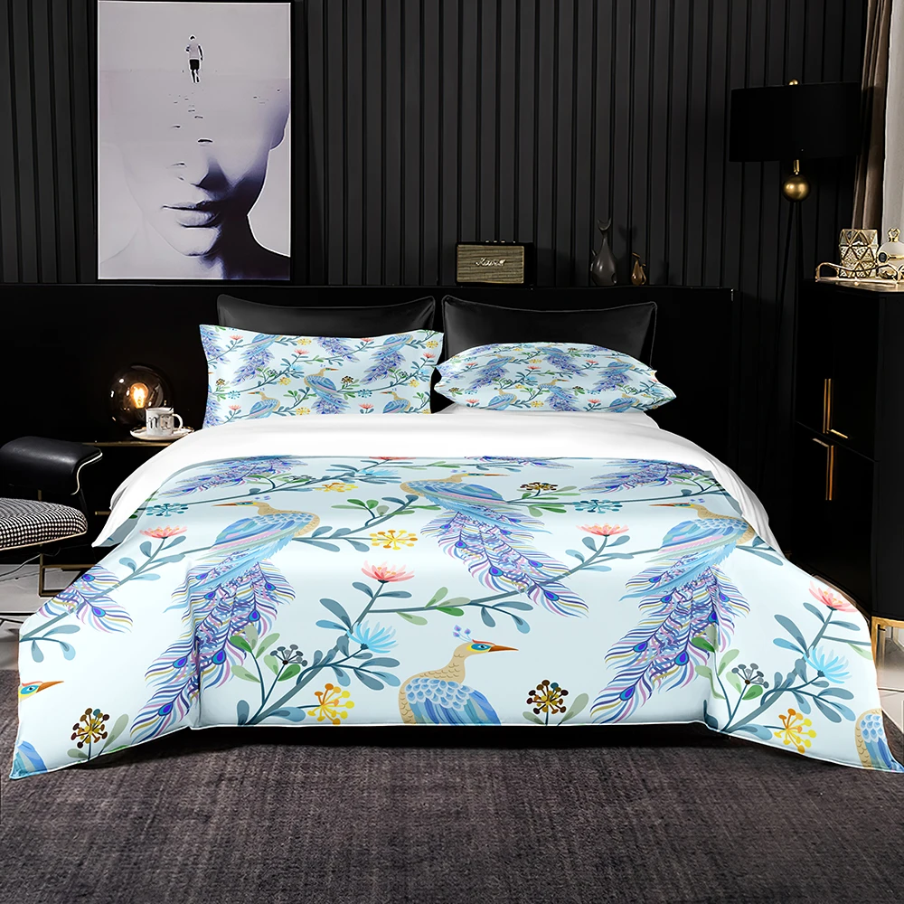Chinoiserie Style Bedding Set Soft Light Blue Duvet Cover Vintage Peacock Vine Pattern with Pillowcase for Queen King Size | Дом и сад