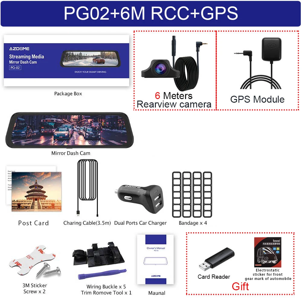AZDOME PG02 1" зеркальный видеорегистратор с gps потоковым медиа Полноэкранный сенсорный ADAS двойной объектив ночного видения 1080P+ 720P Автомобильные видеорегистраторы - Название цвета: PG02-6M RCC-GPS
