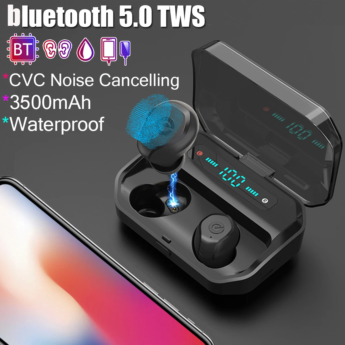 Bluetooth 5 0 спортивные наушники 3500 мАч IPX7 водонепроницаемый ЖК двойной Дисплей