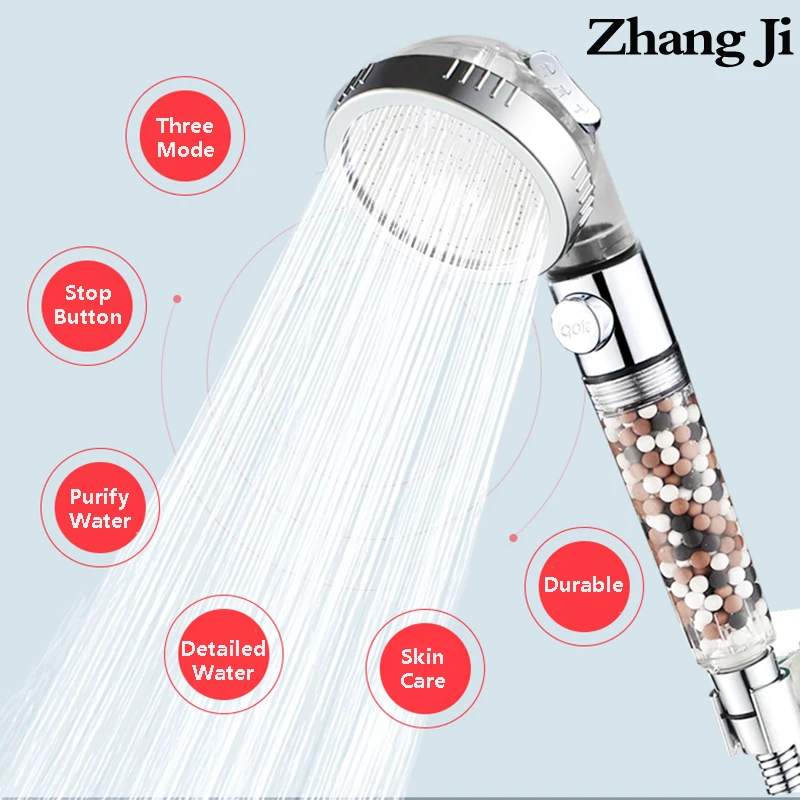 

ZhangJi PP Cotton Filter Tourmaline SPA shower Water saving 3 Modes adjustable shower head switch button high pressure shower