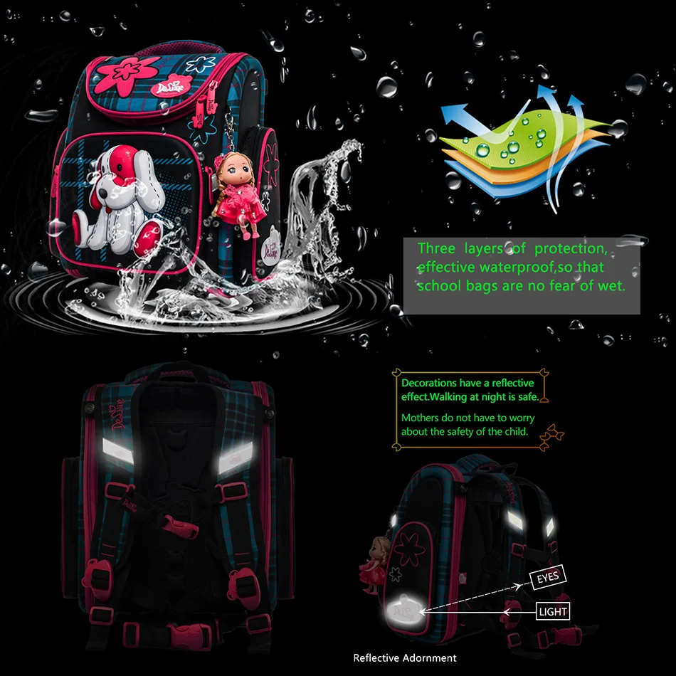 Delune Children Orthopedic Backpacks For Girls Cartoon Dog Pattern School Bags Backpack Mochila Infantil Grade 1-3
