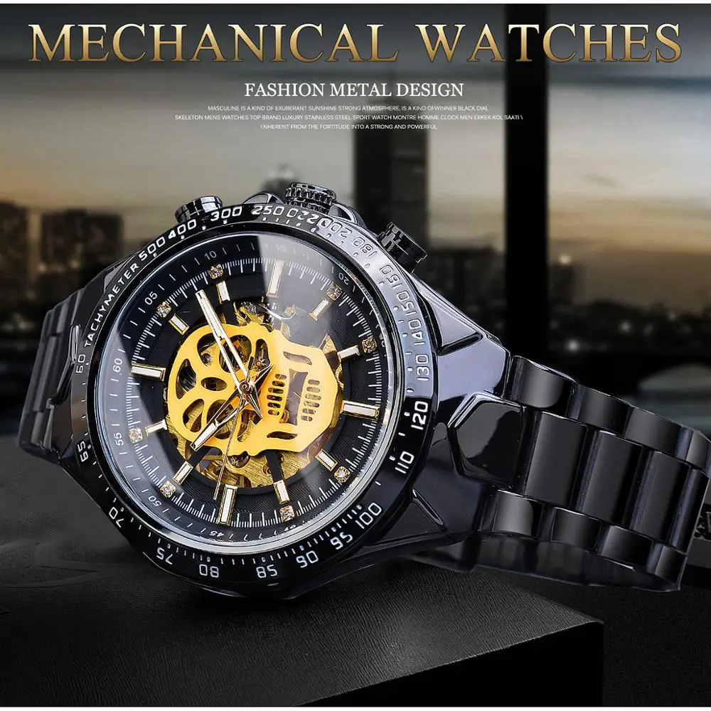 Forsining, Креативные мужские механические часы с черепом, автоматический стимпанк, черный стальной ремень, мужские часы, наручные часы, Relogio Masculino