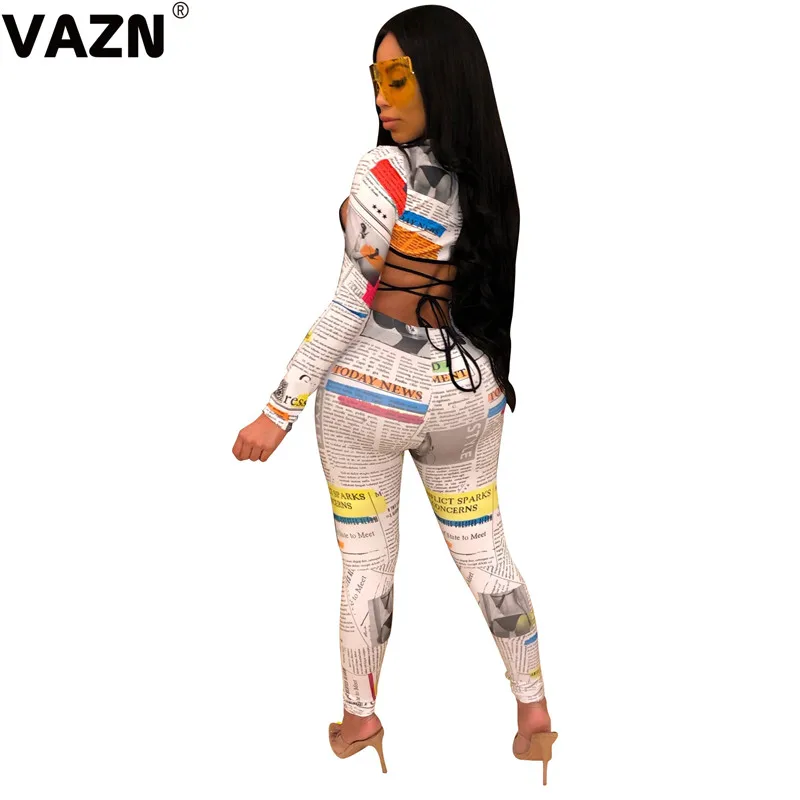VAZN FM1197 новые необычные выдалбливают Открытый Сексуальный Модный Крест повязки письмо полный рукав женские длинные брючные комбинезоны