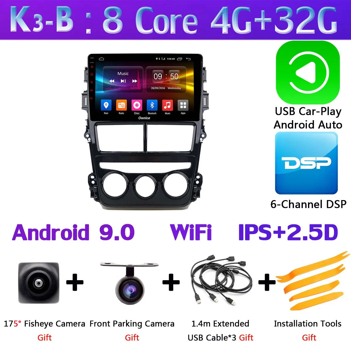 Панорамная камера 360 ° Android 9,0 Восьмиядерный 4G+ 64G DSP CarPlay Автомобильный плеер для Toyota Yaris Vios MT на gps радио - Цвет: K3-B-CarPlay