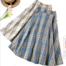 Qooth England Style Blue Beige Plaid High Waist Midi Skirts Woolen Skirts A Line Pleated Winter Women Tartan Skirts qh2081