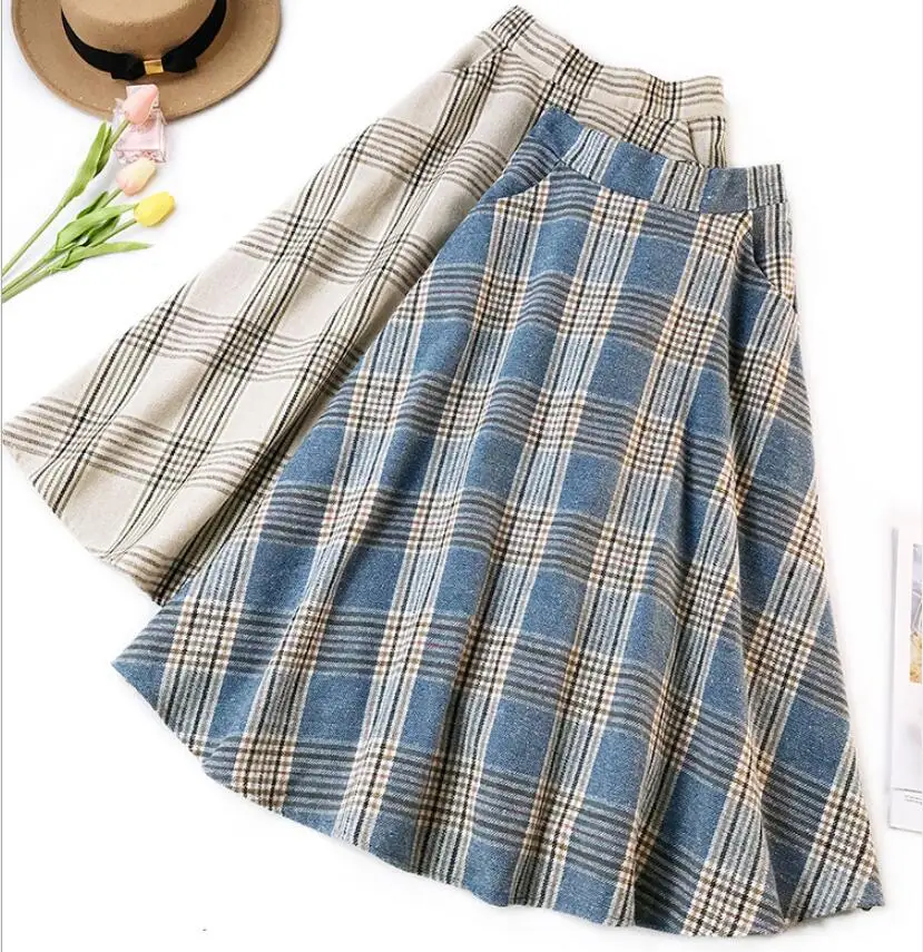 

Qooth England Style Blue Beige Plaid High Waist Midi Skirts Woolen Skirts A Line Pleated 2019 Winter Women Tartan Skirts qh2081