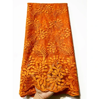 

African Lace Fabric Embroidered Nigerian Laces Fabric Bridal High Quality French Tulle Lace Orange lady lace dress
