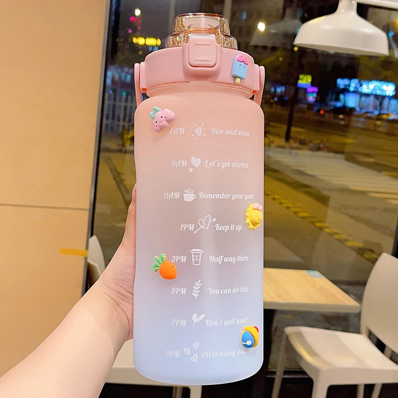 Kawaii Jumbo Plastic 2000ml Water Bottle With Time Marker & Straw – Kawaiies