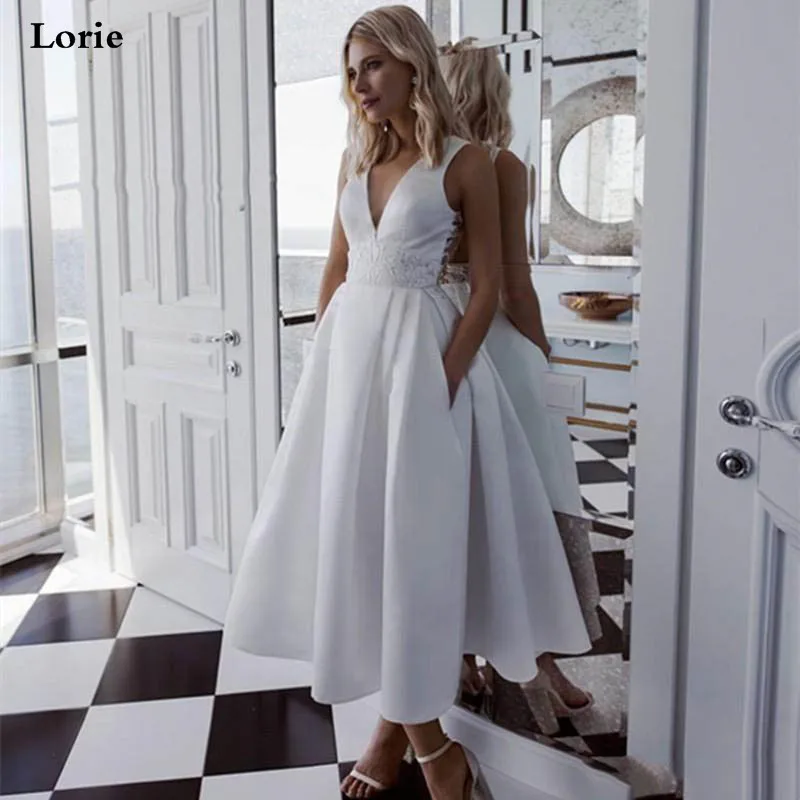 Lorie ТРАПЕЦИЕВИДНОЕ свадебное платье из сатина длиной до щиколотки, большие размеры, короткая кружевная Апликация, свадебные платья Vestidos